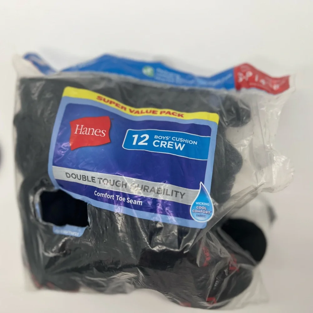Hanes 10-Pack Cushion Crew Socks Boys Black Reinforced Comfort S Fit4.5-8.5 Shoe